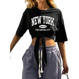 imageAvanova Women Graphic Tee Tie Front Short Sleeve Crop Top Oversized T ShirtBlack Ny