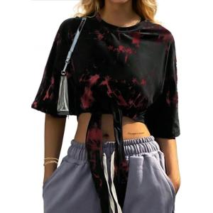 imageAvanova Women Graphic Tee Tie Front Short Sleeve Crop Top Oversized T ShirtBlack Red