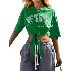 imageAvanova Women Graphic Tee Tie Front Short Sleeve Crop Top Oversized T ShirtGreen