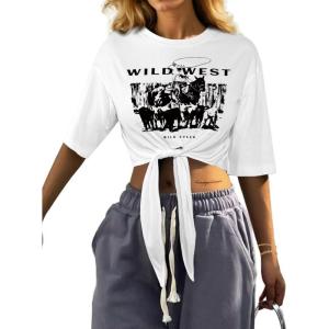 imageAvanova Women Graphic Tee Tie Front Short Sleeve Crop Top Oversized T ShirtWhite Ww