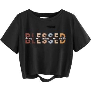 imageAvanova Women Tie Dye Graphic Ripped Tee Shirt Oversized Short Sleeve Distressed Crop TopBlack Bless