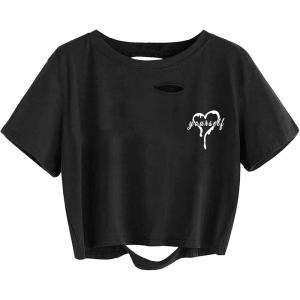 imageAvanova Women Tie Dye Graphic Ripped Tee Shirt Oversized Short Sleeve Distressed Crop TopBlack Heart
