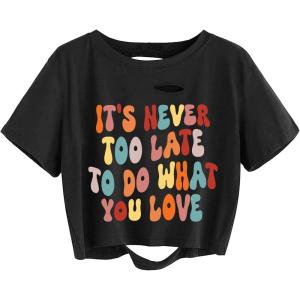 imageAvanova Women Tie Dye Graphic Ripped Tee Shirt Oversized Short Sleeve Distressed Crop TopBlack Letterb