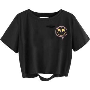 imageAvanova Women Tie Dye Graphic Ripped Tee Shirt Oversized Short Sleeve Distressed Crop TopBlack Smile