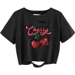 imageAvanova Women Tie Dye Graphic Ripped Tee Shirt Oversized Short Sleeve Distressed Crop TopBlack Xh02