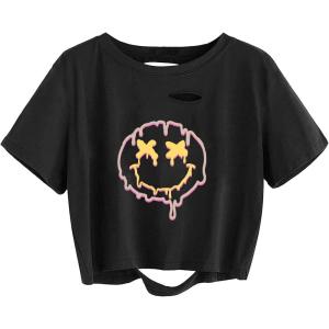 imageAvanova Women Tie Dye Graphic Ripped Tee Shirt Oversized Short Sleeve Distressed Crop TopBlack Xh06