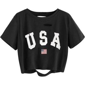 imageAvanova Women Tie Dye Graphic Ripped Tee Shirt Oversized Short Sleeve Distressed Crop TopLetter Black
