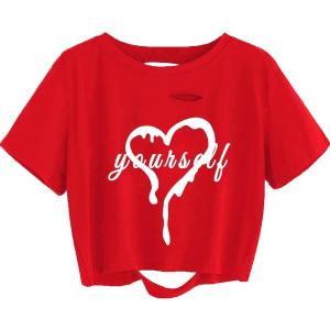 imageAvanova Women Tie Dye Graphic Ripped Tee Shirt Oversized Short Sleeve Distressed Crop TopRed Heart
