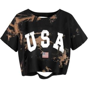 imageAvanova Women Tie Dye Graphic Ripped Tee Shirt Oversized Short Sleeve Distressed Crop TopTie Dye Brown