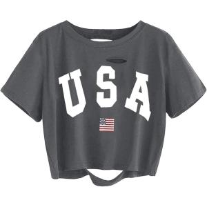 imageAvanova Women Tie Dye Graphic Ripped Tee Shirt Oversized Short Sleeve Distressed Crop TopUsa Grey