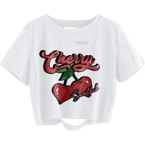 imageAvanova Women Tie Dye Graphic Ripped Tee Shirt Oversized Short Sleeve Distressed Crop TopWhite Cherry
