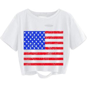 imageAvanova Women Tie Dye Graphic Ripped Tee Shirt Oversized Short Sleeve Distressed Crop TopWhite Flag