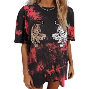 imageAvanova Women Tigers Graphic Oversized Tee Top Short Sleeve Loose Crewneck Summer TShirtTiedye Red C