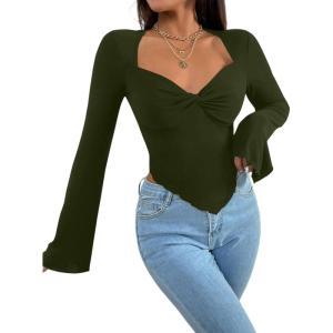 imageAvanova Womens Long Sleeve Square Neck Crop Top Twist Front Asymmetrical ShirtArmy Green