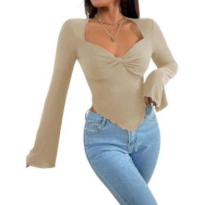 imageAvanova Womens Long Sleeve Square Neck Crop Top Twist Front Asymmetrical ShirtBeige