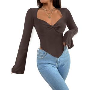 imageAvanova Womens Long Sleeve Square Neck Crop Top Twist Front Asymmetrical ShirtBrown W01