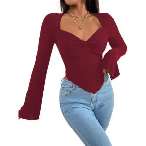 imageAvanova Womens Long Sleeve Square Neck Crop Top Twist Front Asymmetrical ShirtBurgundy a