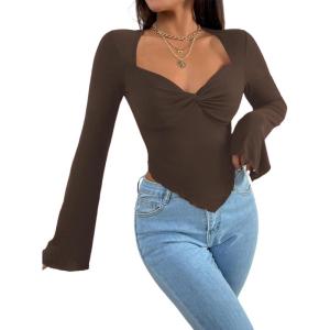 imageAvanova Womens Long Sleeve Square Neck Crop Top Twist Front Asymmetrical ShirtDark Brown