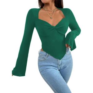 imageAvanova Womens Long Sleeve Square Neck Crop Top Twist Front Asymmetrical ShirtGreen