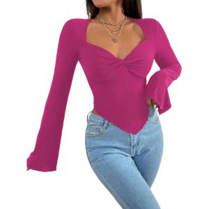 imageAvanova Womens Long Sleeve Square Neck Crop Top Twist Front Asymmetrical ShirtHot Pink