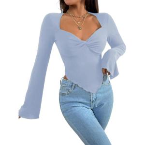 imageAvanova Womens Long Sleeve Square Neck Crop Top Twist Front Asymmetrical ShirtLight Blue
