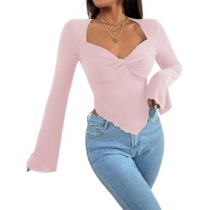 imageAvanova Womens Long Sleeve Square Neck Crop Top Twist Front Asymmetrical ShirtLight Pink