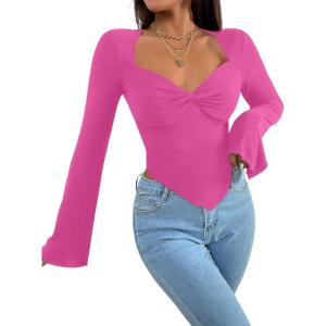 imageAvanova Womens Long Sleeve Square Neck Crop Top Twist Front Asymmetrical ShirtPink a
