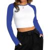 imageAvanova Women Raglan Long Sleeve Crew Neck Crop Top Color Block Casual Tee ShirtsWhite Blue