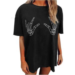 imageAvanova Women Graphic Letter Print Oversized T Shirt Short Sleeve Casual Summer Loose Fit Tee TopBlack Skull