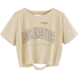 imageAvanova Women Los Angeles Graphic Distressed Oversized Crop Top Short Sleeve Ripped Boxy Loose Tee ShirtApricot