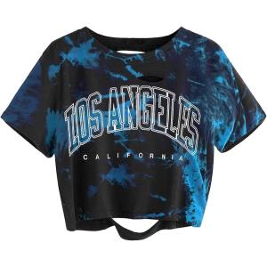 imageAvanova Women Los Angeles Graphic Distressed Oversized Crop Top Short Sleeve Ripped Boxy Loose Tee ShirtBlack Blue