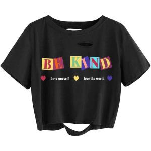 imageAvanova Women Los Angeles Graphic Distressed Oversized Crop Top Short Sleeve Ripped Boxy Loose Tee ShirtBlack D L