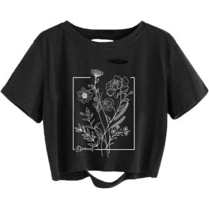 imageAvanova Women Los Angeles Graphic Distressed Oversized Crop Top Short Sleeve Ripped Boxy Loose Tee ShirtBlack Florals