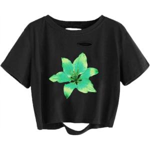 imageAvanova Women Los Angeles Graphic Distressed Oversized Crop Top Short Sleeve Ripped Boxy Loose Tee ShirtBlack Flower