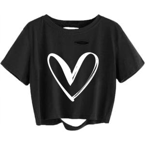 imageAvanova Women Los Angeles Graphic Distressed Oversized Crop Top Short Sleeve Ripped Boxy Loose Tee ShirtBlack Heart