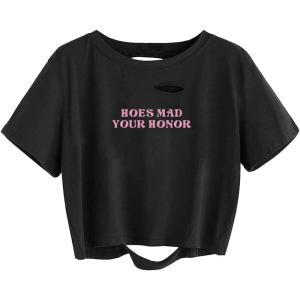 imageAvanova Women Los Angeles Graphic Distressed Oversized Crop Top Short Sleeve Ripped Boxy Loose Tee ShirtBlack Honor