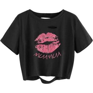 imageAvanova Women Los Angeles Graphic Distressed Oversized Crop Top Short Sleeve Ripped Boxy Loose Tee ShirtBlack Lip