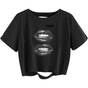 imageAvanova Women Los Angeles Graphic Distressed Oversized Crop Top Short Sleeve Ripped Boxy Loose Tee ShirtBlack Lips