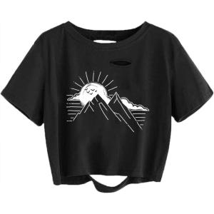 imageAvanova Women Los Angeles Graphic Distressed Oversized Crop Top Short Sleeve Ripped Boxy Loose Tee ShirtBlack Sun