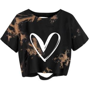 imageAvanova Women Los Angeles Graphic Distressed Oversized Crop Top Short Sleeve Ripped Boxy Loose Tee ShirtHeart Tie Dye Brown