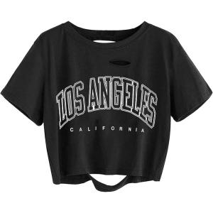 imageAvanova Women Los Angeles Graphic Distressed Oversized Crop Top Short Sleeve Ripped Boxy Loose Tee ShirtLetter Black