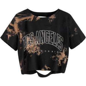 imageAvanova Women Los Angeles Graphic Distressed Oversized Crop Top Short Sleeve Ripped Boxy Loose Tee ShirtLetter Tie Dye Brown