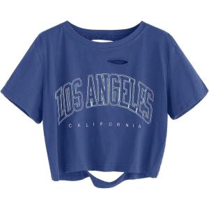 imageAvanova Women Los Angeles Graphic Distressed Oversized Crop Top Short Sleeve Ripped Boxy Loose Tee ShirtLos Blue