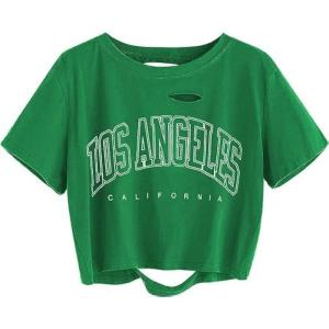 imageAvanova Women Los Angeles Graphic Distressed Oversized Crop Top Short Sleeve Ripped Boxy Loose Tee ShirtLos Green