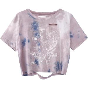 imageAvanova Women Los Angeles Graphic Distressed Oversized Crop Top Short Sleeve Ripped Boxy Loose Tee ShirtPink Blue Floral