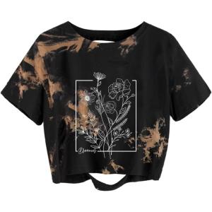 imageAvanova Women Los Angeles Graphic Distressed Oversized Crop Top Short Sleeve Ripped Boxy Loose Tee ShirtTie Dye Brown Floral