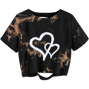 imageAvanova Women Los Angeles Graphic Distressed Oversized Crop Top Short Sleeve Ripped Boxy Loose Tee ShirtTie Dye Brown Heart