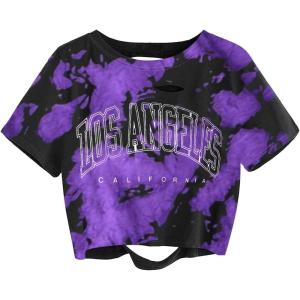 imageAvanova Women Los Angeles Graphic Distressed Oversized Crop Top Short Sleeve Ripped Boxy Loose Tee ShirtTie Dye Purple