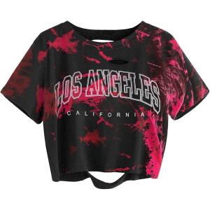 imageAvanova Women Los Angeles Graphic Distressed Oversized Crop Top Short Sleeve Ripped Boxy Loose Tee ShirtTie Dye Red