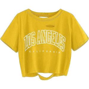 imageAvanova Women Los Angeles Graphic Distressed Oversized Crop Top Short Sleeve Ripped Boxy Loose Tee ShirtYellow